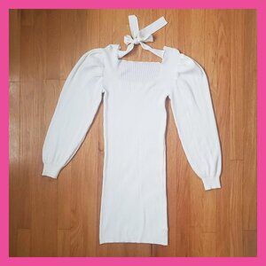 Sweater Dress Bodycon Knee Length Ribbed Knitted Balloon Long Sleeves White - S